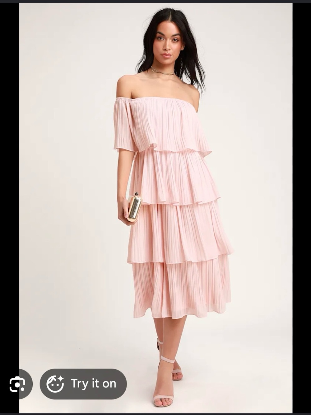 2 FOR 1 Off-Shoulder Tiered Pleated Midi Dress in Blush Pink